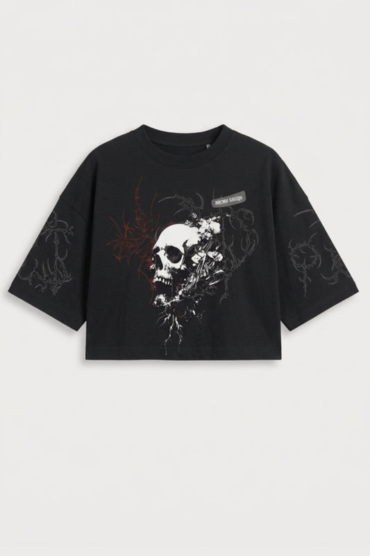 Women's Black Gothic Skull Cotton Crop Top