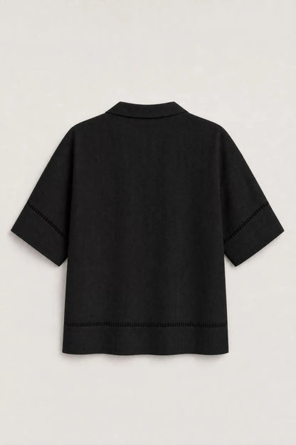 Women's Black Ladder-trim Polo Top