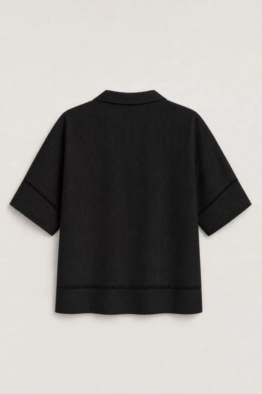 Women's Black Ladder-trim Polo Top