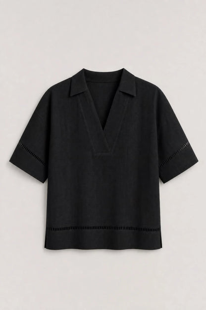 Women's Black Ladder-trim Polo Top