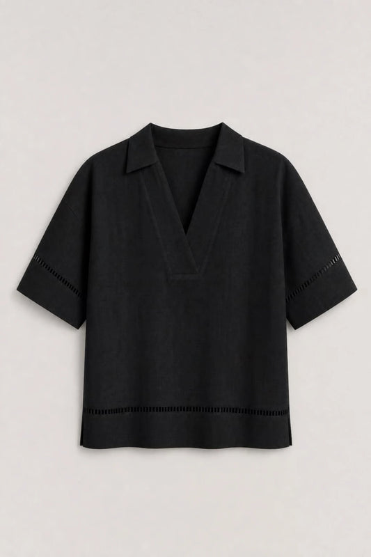 Women's Black Ladder-trim Polo Top