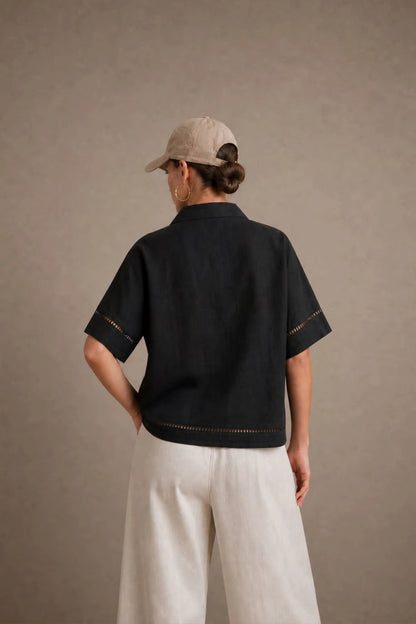 Women's Black Ladder-trim Polo Top