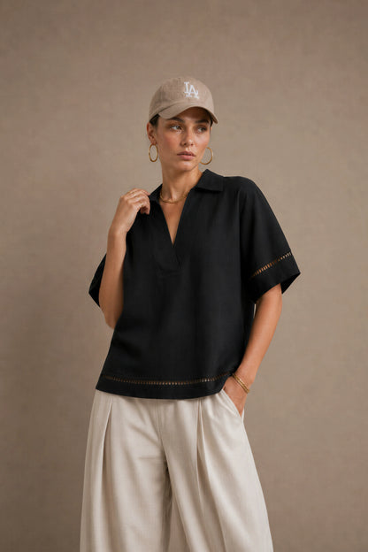 Women's Black Ladder-trim Polo Top