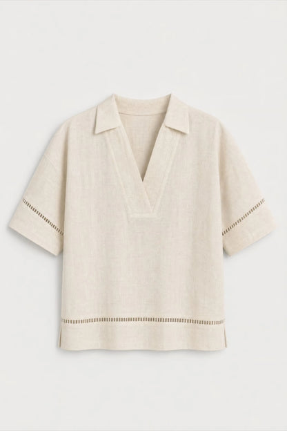 Women's Off White Ladder-trim Polo Top