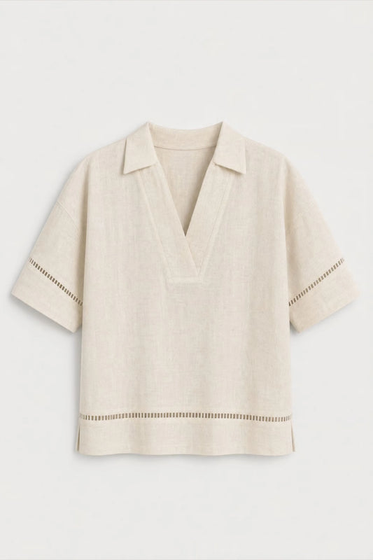 Women's Off White Ladder-trim Polo Top