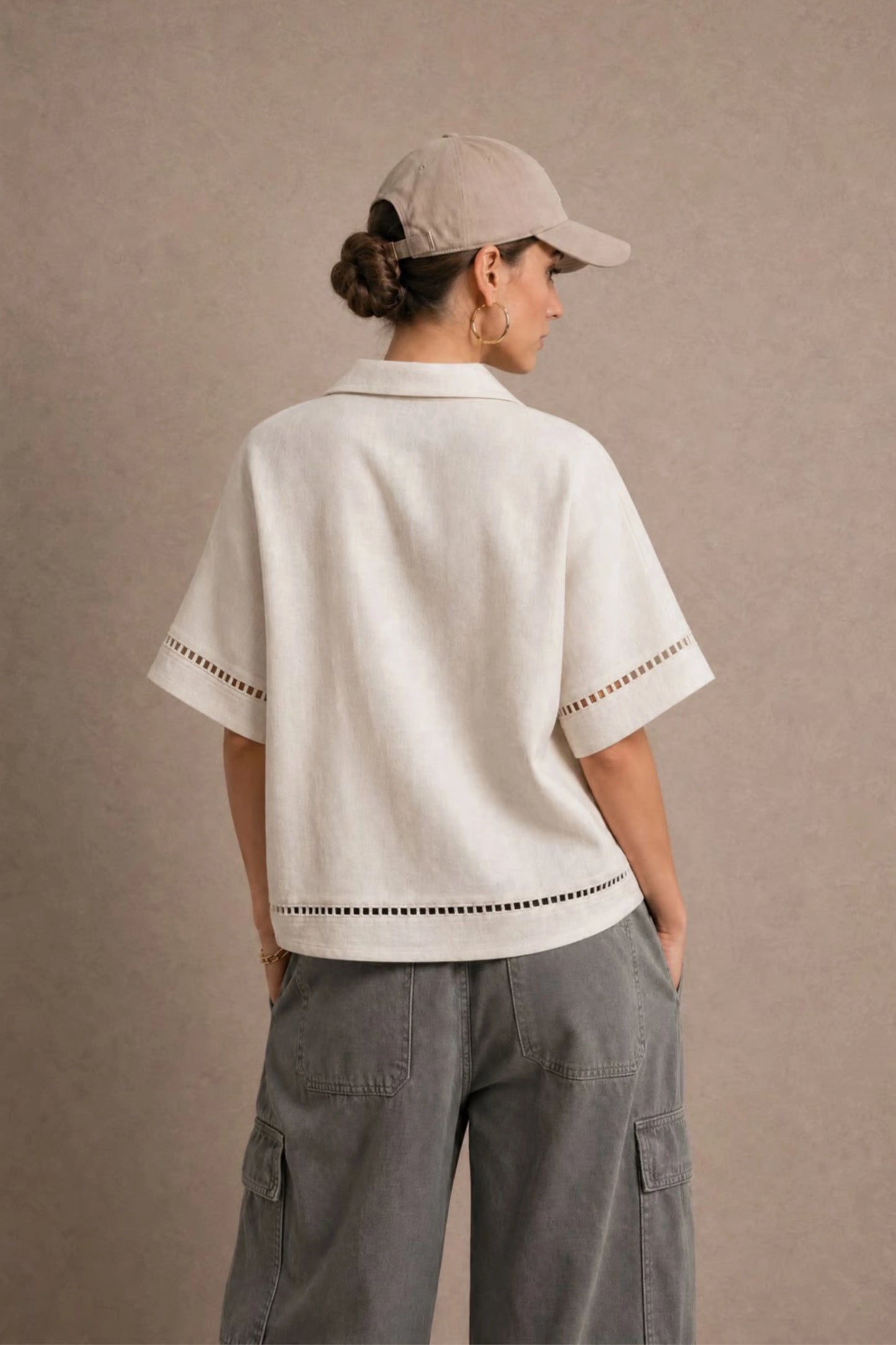 Women's Off White Ladder-trim Polo Top