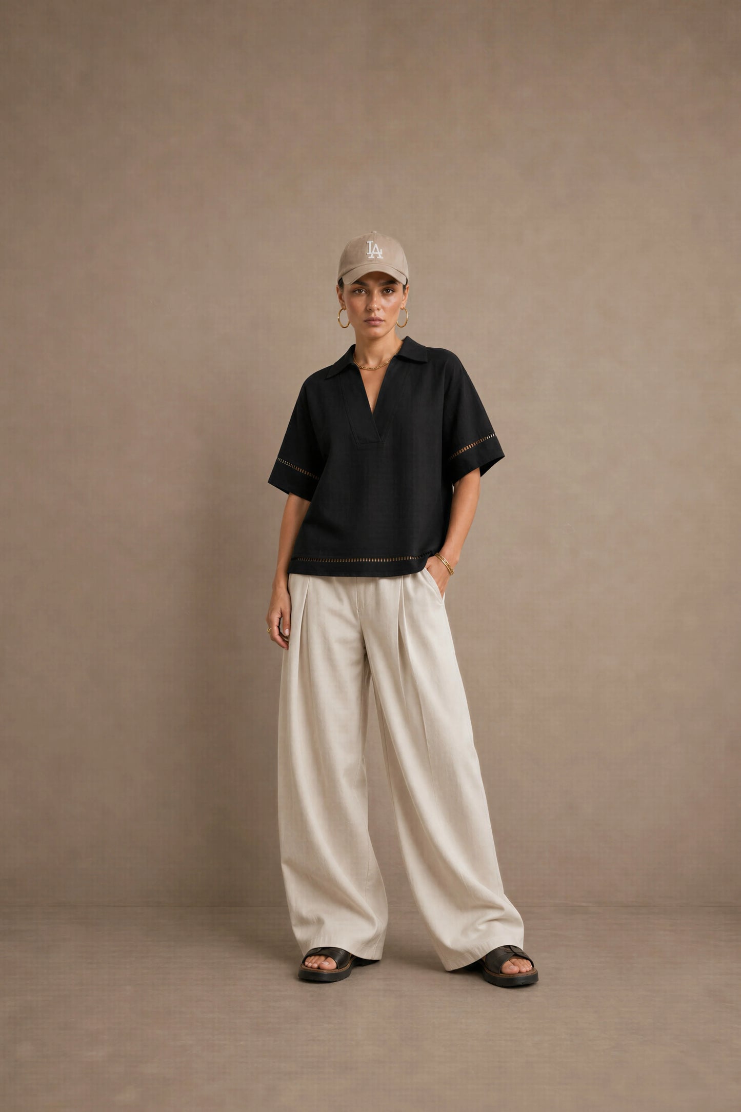 Women's Black Ladder-trim Polo Top