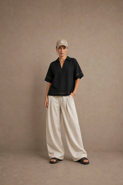 Women's Black Ladder-trim Polo Top