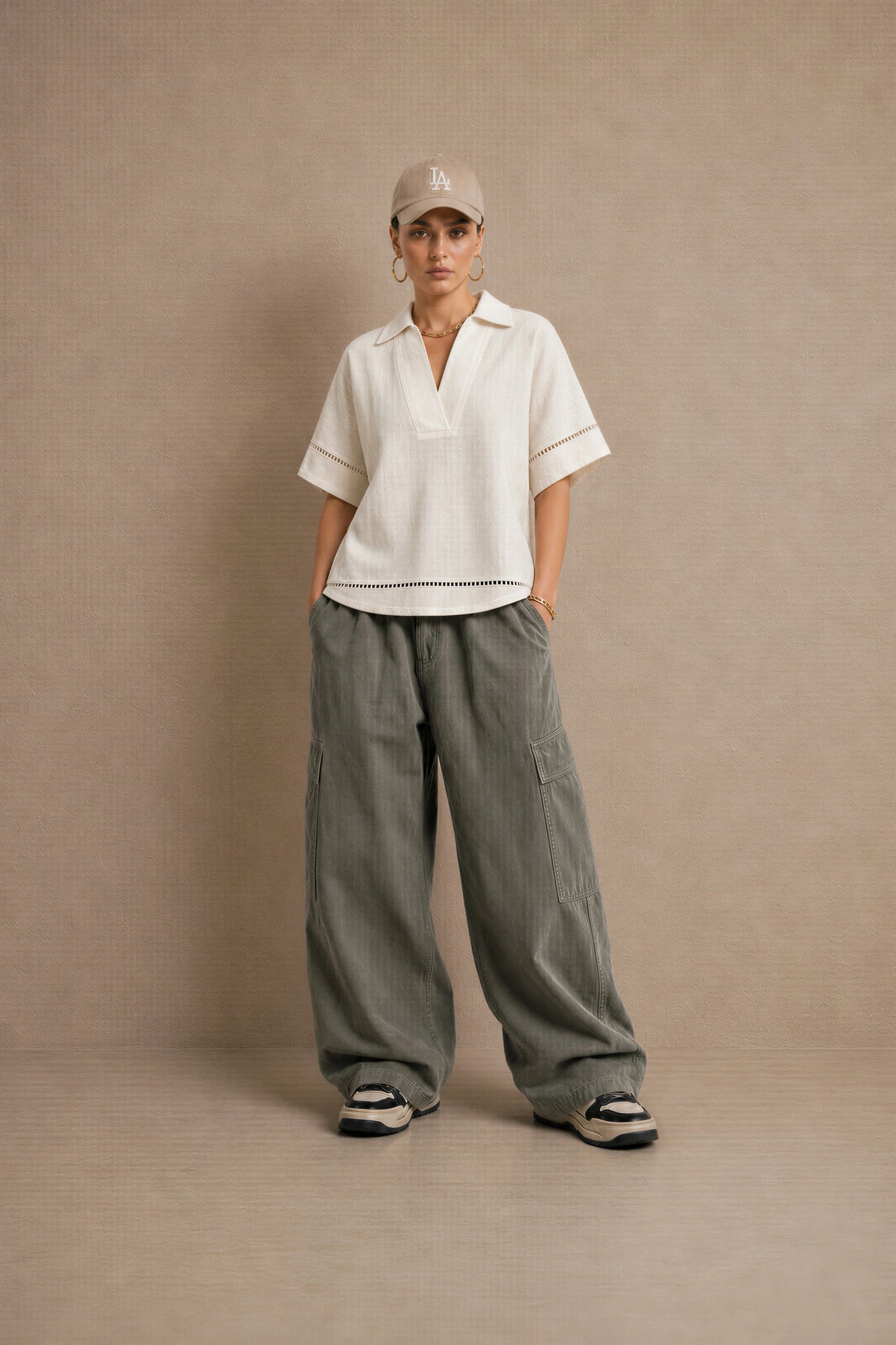 Women's Off White Ladder-trim Polo Top
