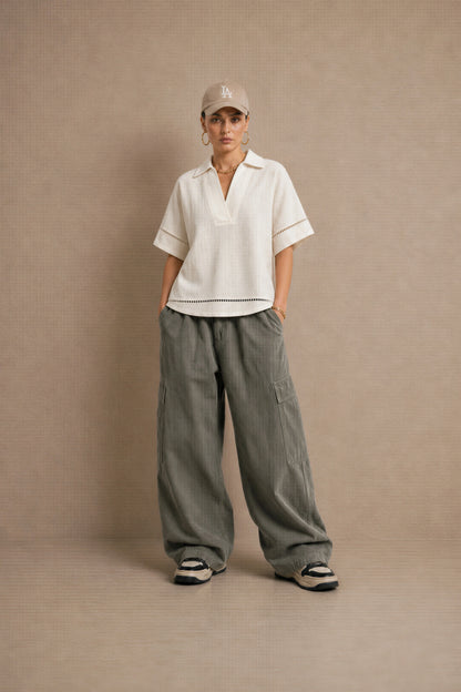 Women's Off White Ladder-trim Polo Top