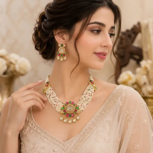 Multicolor Kundan Pearl Multi Strand Bridal Necklace Set For Women