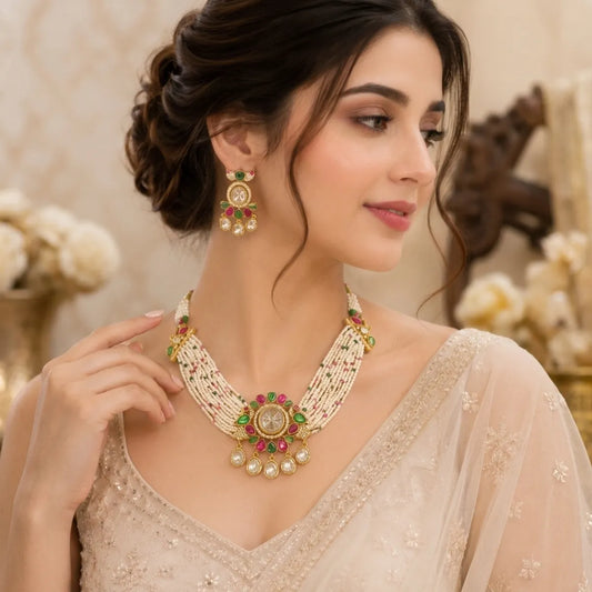 Multicolor Kundan Pearl Multi Strand Bridal Necklace Set For Women