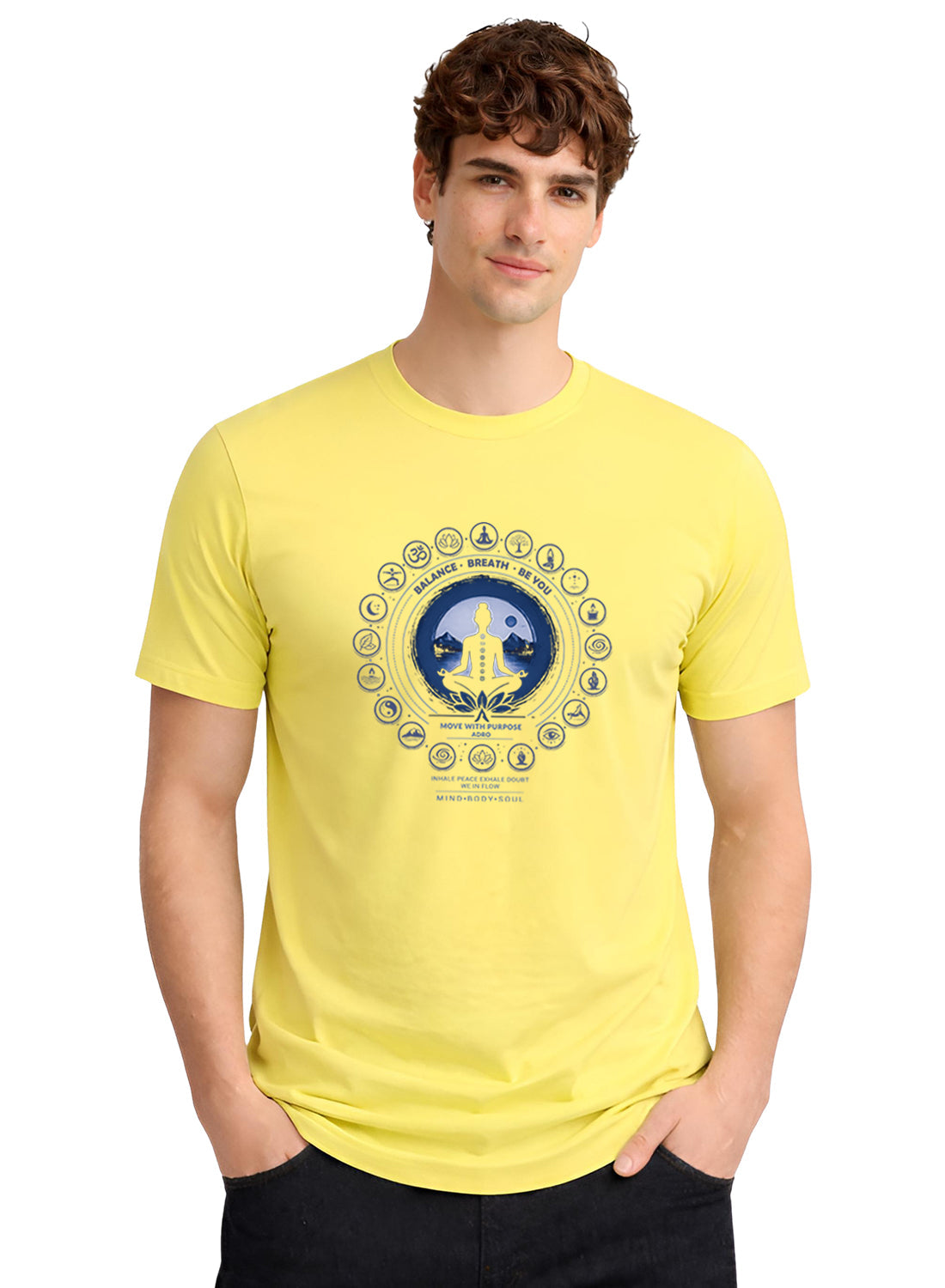 ADRO Yoga T-Shirt for Men | Mandala Printed Cotton Tshirt | Regular Fit Casual T-Shirts | Premium Summer Tshirts Light Yellow