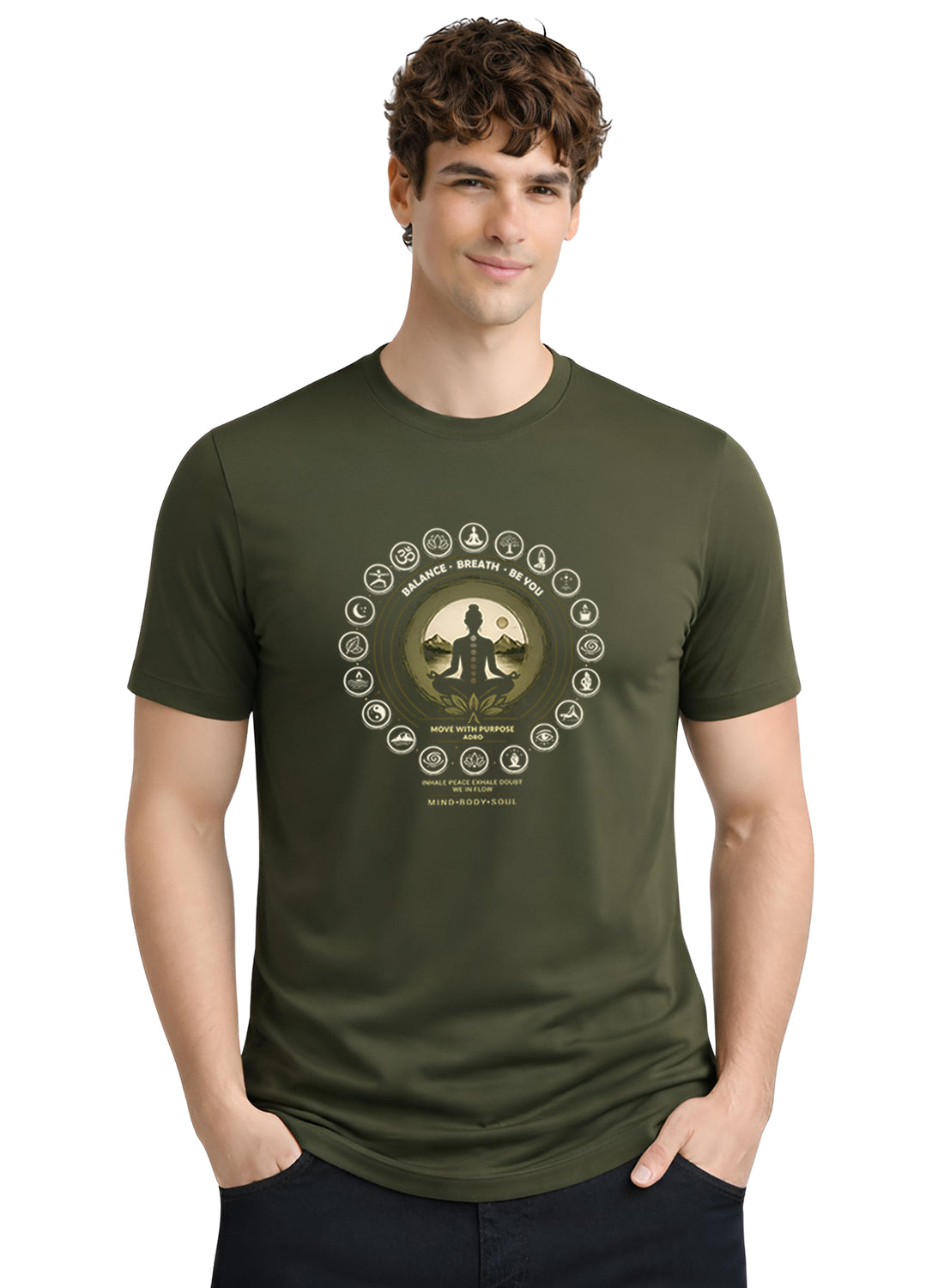 ADRO Yoga T-Shirt for Men | Mandala Printed Cotton Tshirt | Regular Fit Casual T-Shirts | Premium Summer Tshirts Olive