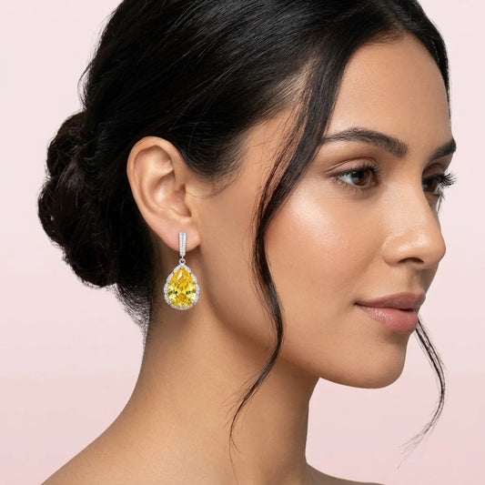 Yellow Stone And Silver Teardrop Cocktail Earrings For Women