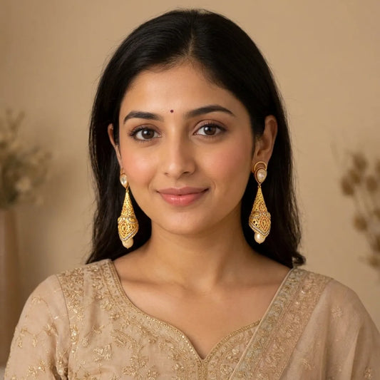 Gold Kundan Pearl Drop Earrings For Women