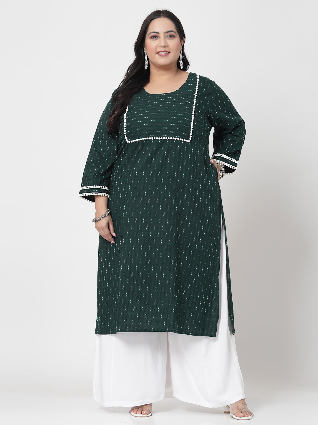 Women Dark Green Cotton Dobby Kurta Krya