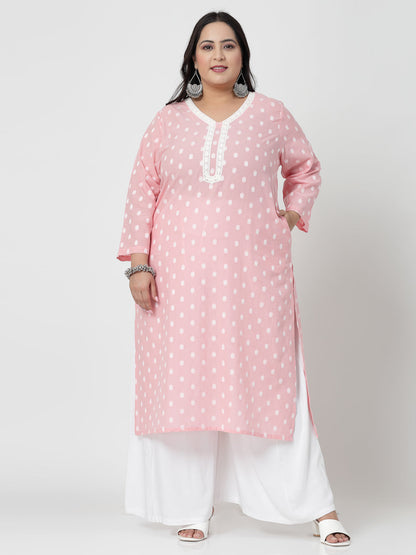 Women Baby Pink Cotton Dobby Kurta With Lace Krya