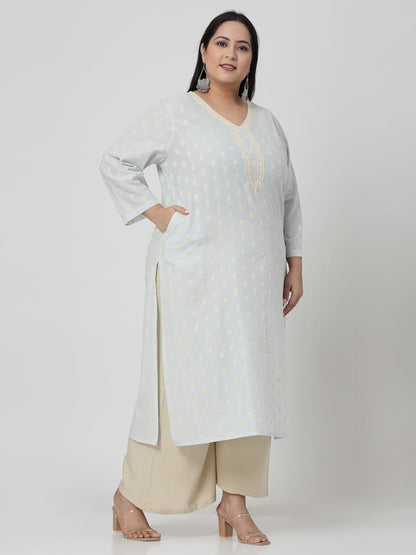 Women Sky Blue Cotton Dobby Kurta With Lace Krya