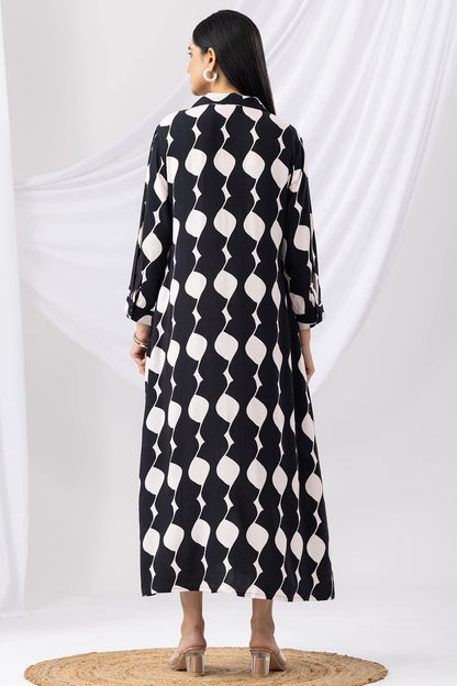 Black Printed Collared Rayon Dress with 3/4th Sleeves