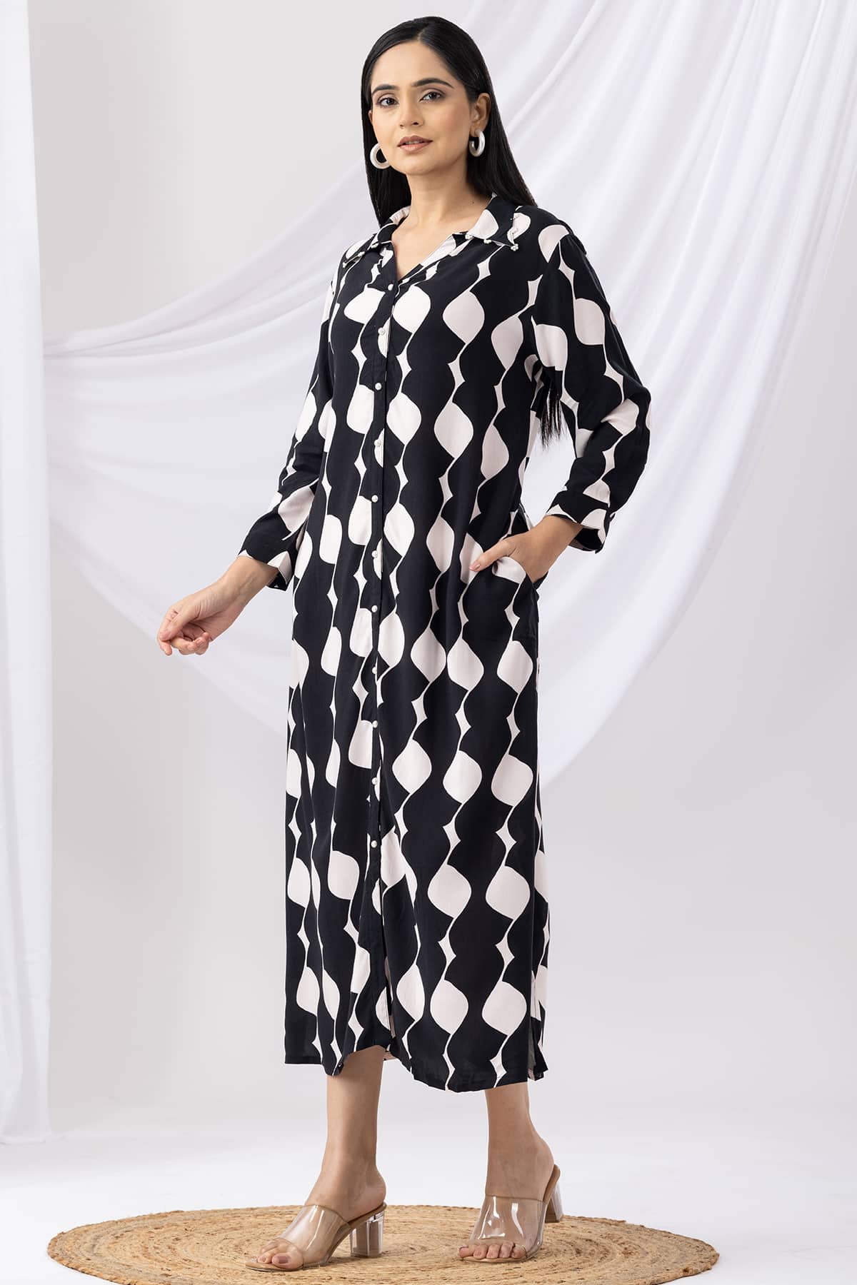 Black Printed Collared Rayon Dress with 3/4th Sleeves
