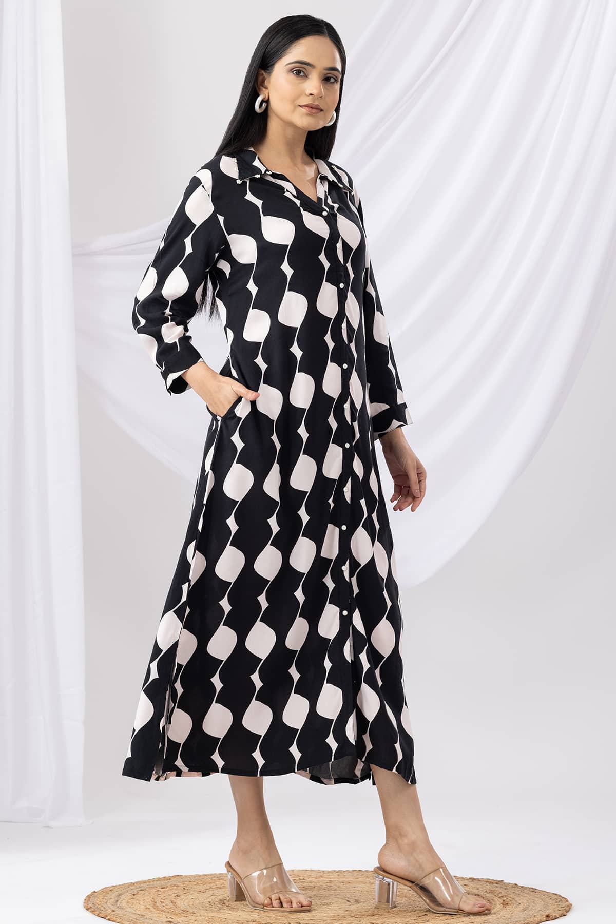 Black Printed Collared Rayon Dress with 3/4th Sleeves