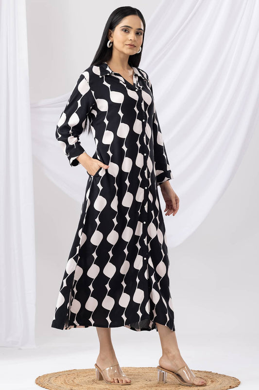 Black Printed Collared Rayon Dress with 3/4th Sleeves