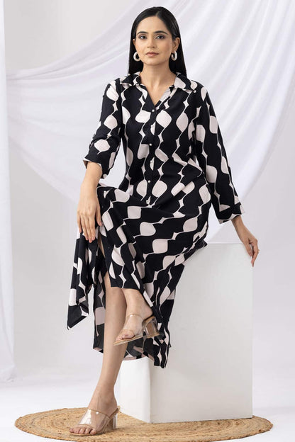Black Printed Collared Rayon Dress with 3/4th Sleeves
