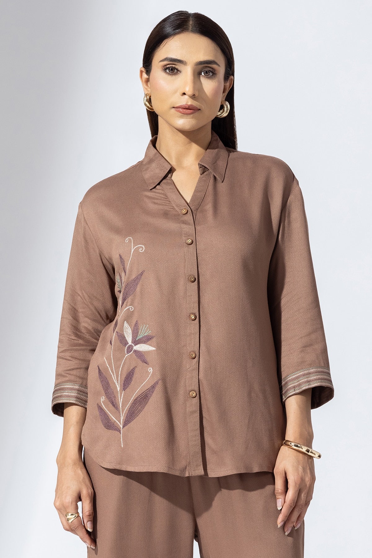 Embroidered Mud Collared Co-Ord Shirt