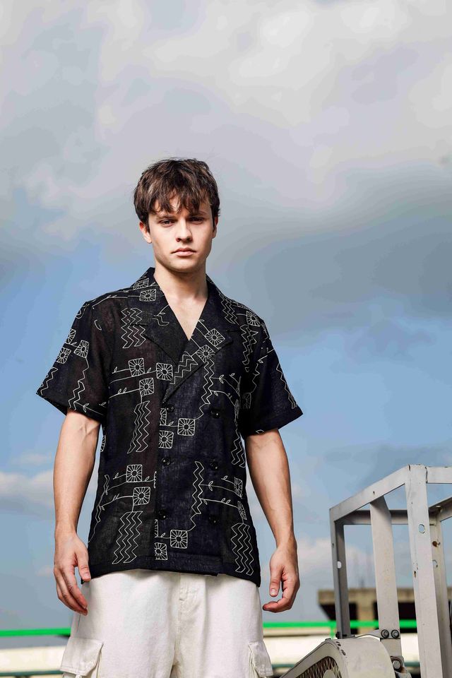 Linen Blend Black Korean Notched Lapel Collar Resort Shirt