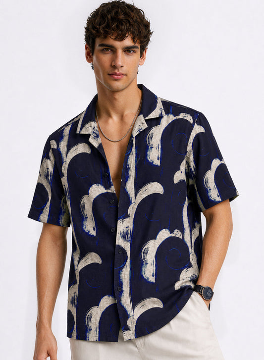 Adro Midnight Arc Relaxed Fit Cuban Collar Cotton Nylon Printed Shirt Navy White