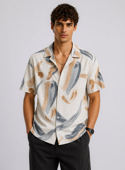 Adro Sand Drift Relaxed Fit Cuban Collar Cotton Linen Abstract Print Shirt for Men Sand Beige