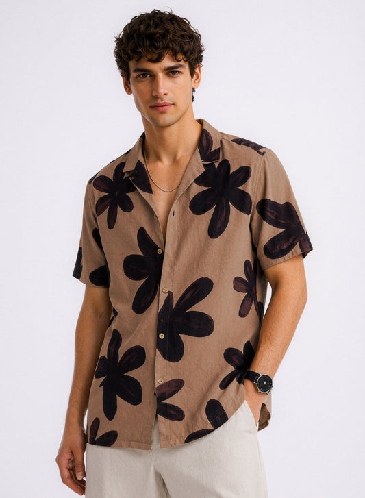 Adro Mocha Bloom Relaxed Fit Cuban Collar Cotton Nylon Floral Print Shirt Mocha Black