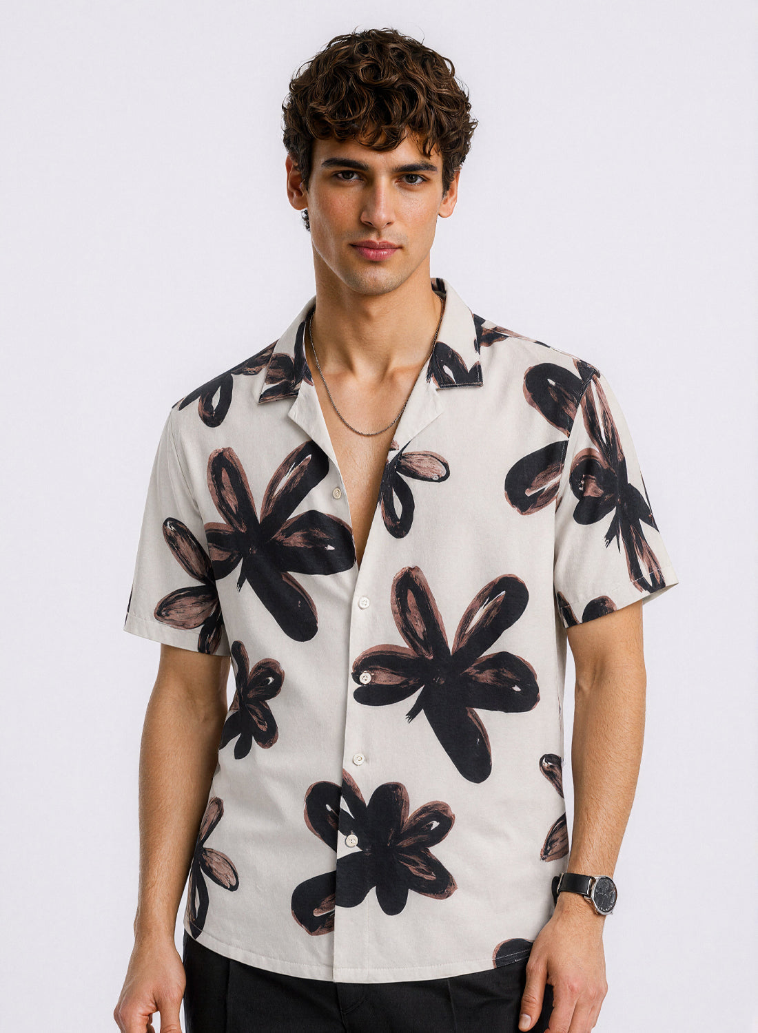 Adro Noir Bloom Relaxed Fit Cuban Collar Floral Printed Cotton Nylon Shirt White Black