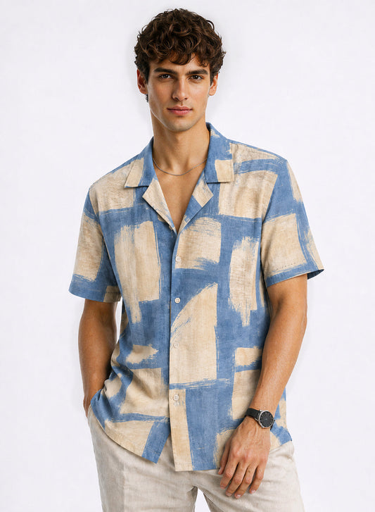 Adro Sky Grid Relaxed Fit Cuban Collar Cotton Nylon Abstract Printed Shirt Sky Blue Beige