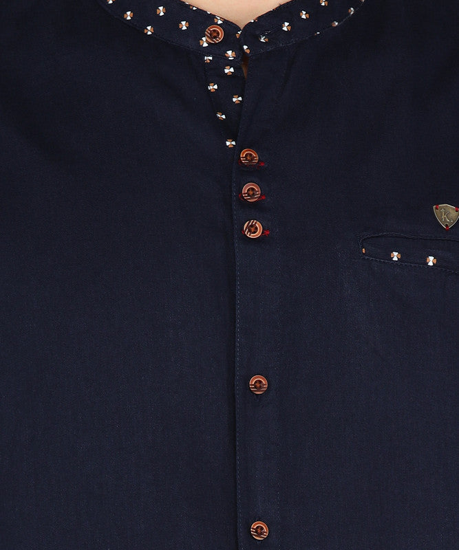 Kuons Avenue Men's Linen Cotton Indowestern Shirt - Dark Indigo