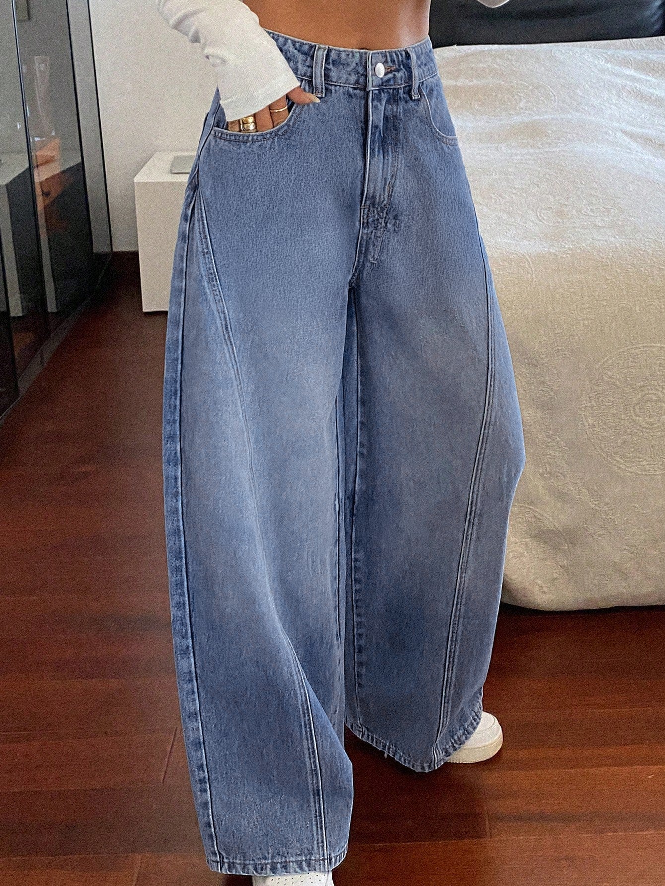 Dusty CloudÂ Blue Panelled Wide Leg Jeans