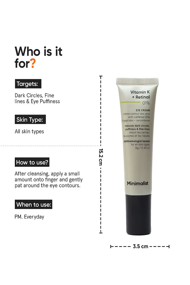Minimalist Vitamin K + Retinal 01% Eye Cream For Under-Eye Dark Circles & Puffiness 14 GRAM