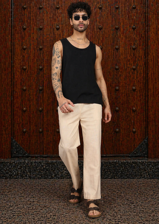Men's Beige Cotton Linen  Pyjama