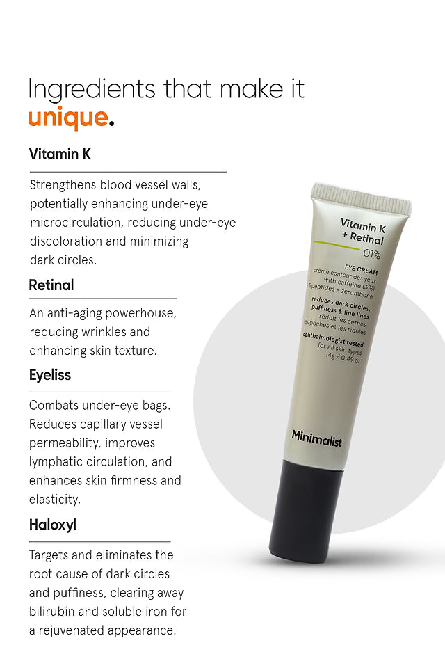 Minimalist Vitamin K + Retinal 01% Eye Cream For Under-Eye Dark Circles & Puffiness 14 GRAM