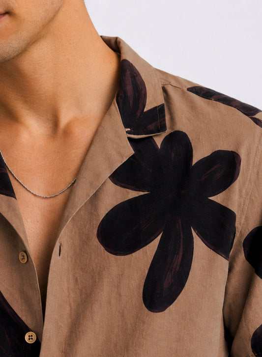 Adro Mocha Bloom Relaxed Fit Cuban Collar Cotton Nylon Floral Print Shirt