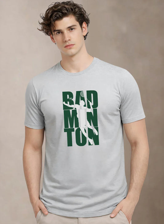 Adro Mens Badminton TShirt | Cotton Lycra | Regular Fit Tee | Sports Design T-shirt for Men | Printed T shirts for Men Grey