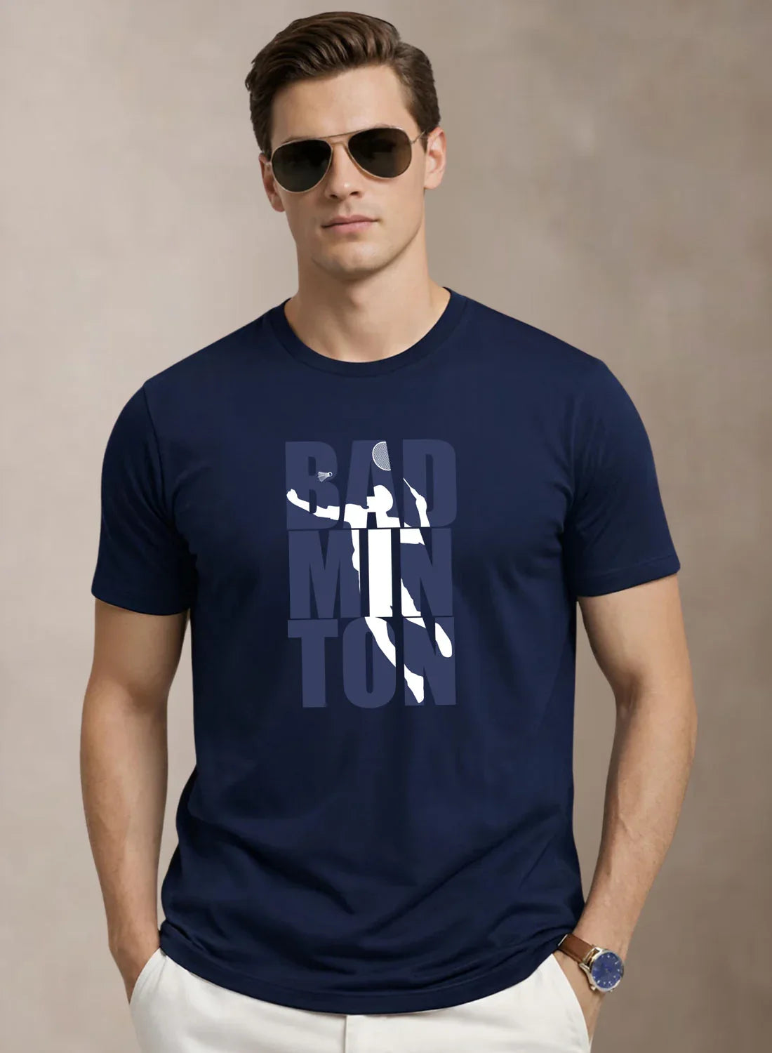 Adro Mens Badminton TShirt | Cotton Lycra | Regular Fit Tee | Sports Design T-shirt for Men | Printed T shirts for Men Navy Blue