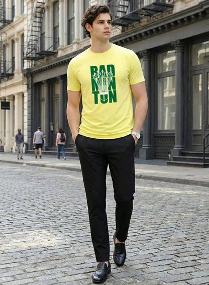 Adro Badminton Printed T-Shirt for Men | Cotton Lycra | 180 GSM Regular Fit | Sports Casual Tee | Printed Tshirt for Men|  Sports Stylish T shirt