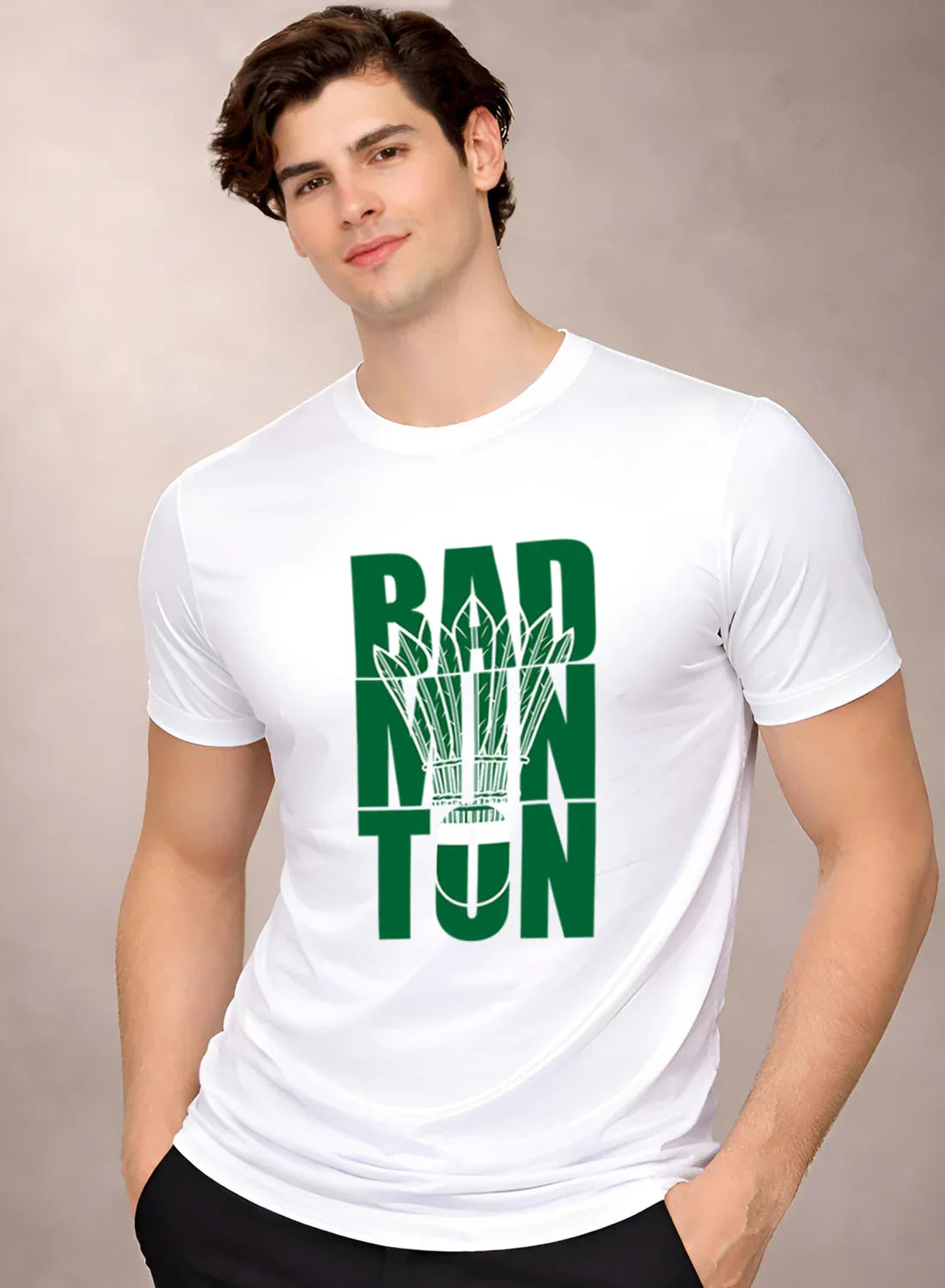 Adro Badminton Printed T-Shirt for Men | Cotton Lycra | 180 GSM Regular Fit | Sports Casual Tee | Printed Tshirt for Men| Sports Stylish T shirt White