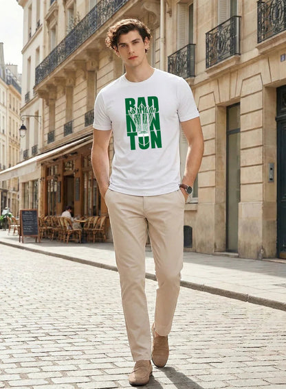 Adro Badminton Printed T-Shirt for Men | Cotton Lycra | 180 GSM Regular Fit | Sports Casual Tee | Printed Tshirt for Men|  Sports Stylish T shirt