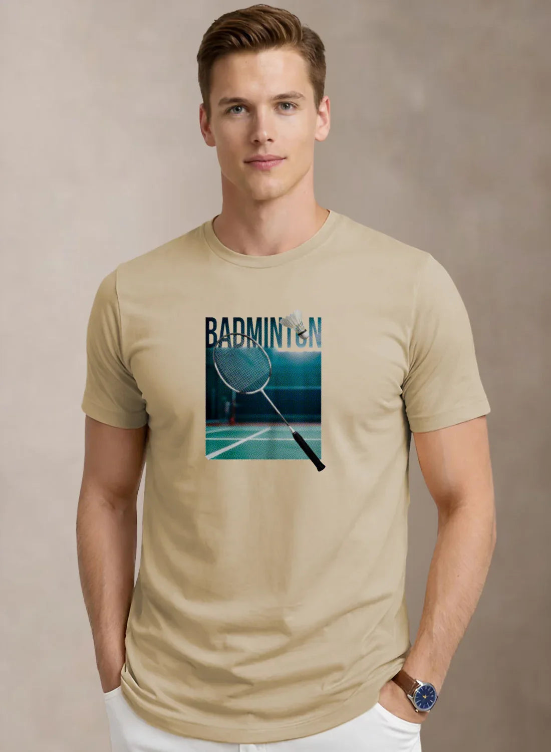 Adro Mens Badminton Graphic T-Shirt | Cotton Lycra Tshirt | 180 GSM Stretchable Crew Neck Sports Tee | Breathable Casual T shirt for Men