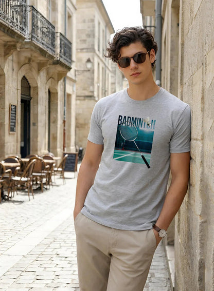 Adro Mens Badminton Graphic T-Shirt | Cotton Lycra Tshirt | 180 GSM Stretchable Crew Neck Sports Tee | Breathable Casual T shirt for Men