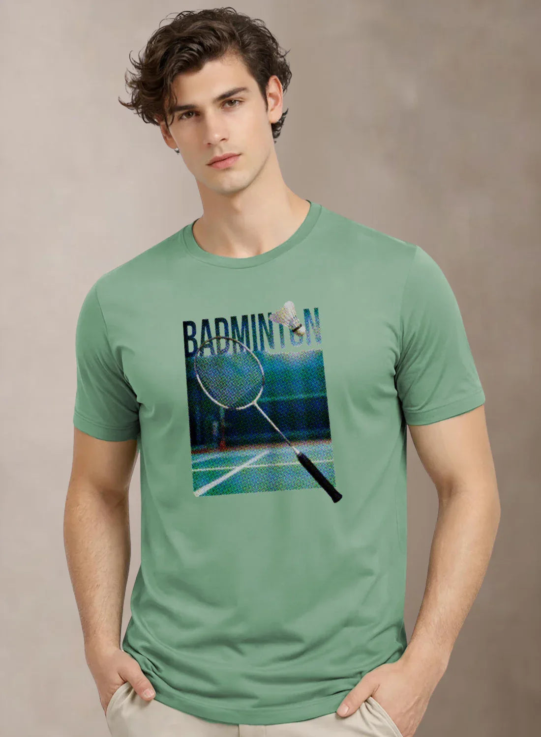 Adro Mens Badminton Graphic T-Shirt | Cotton Lycra Tshirt | 180 GSM Stretchable Crew Neck Sports Tee | Breathable Casual T shirt for Men Pista