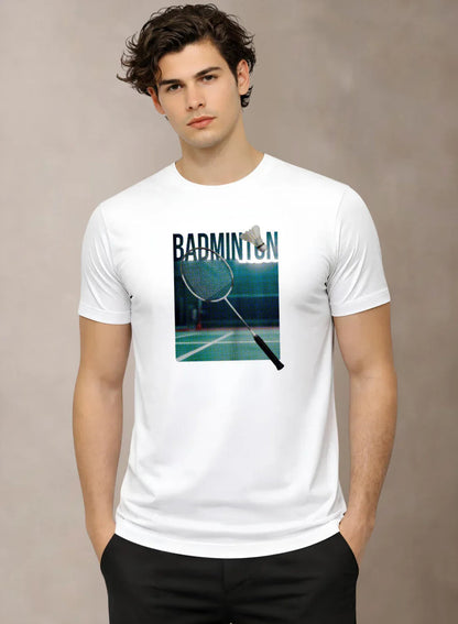 Adro Mens Badminton Graphic T-Shirt | Cotton Lycra Tshirt | 180 GSM Stretchable Crew Neck Sports Tee | Breathable Casual T shirt for Men White